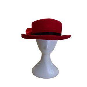 Womens Red Felt Fedora Hat With Black & Red Fabric Flower Accent By Importina